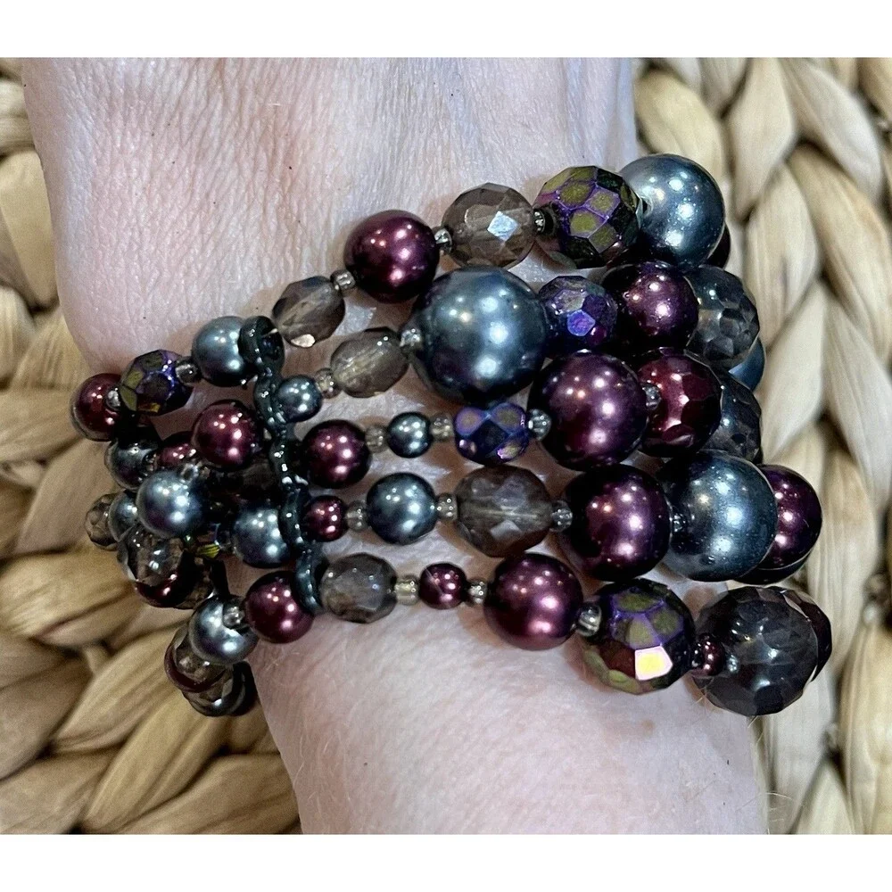 4- Stranded Bracelet Purple Aurora Borealis Faceted Glass Iridescent Fairycore